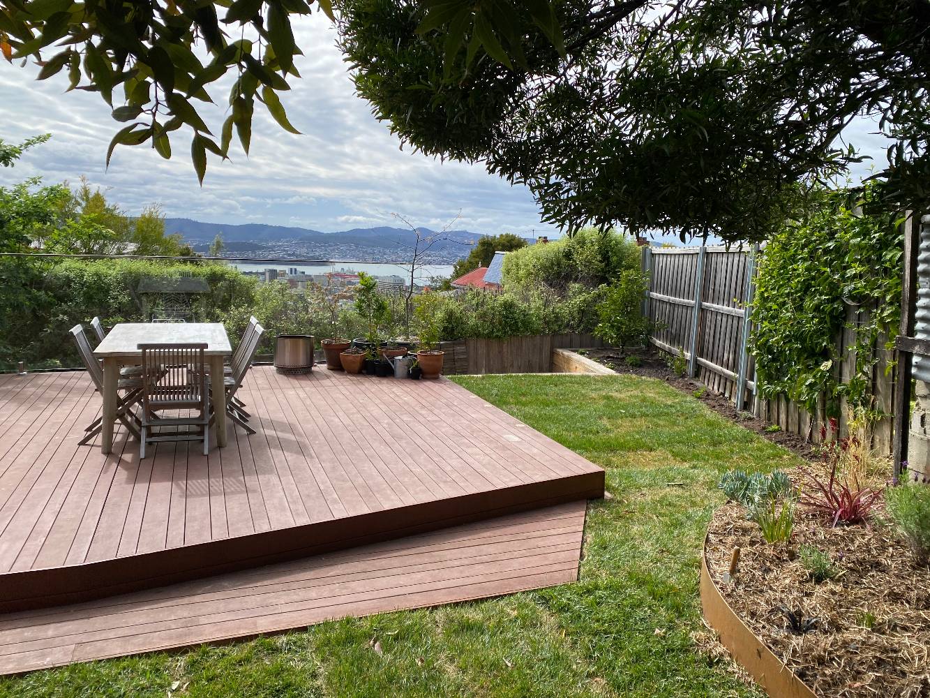 Private, sunny back yard with view of Derwent River