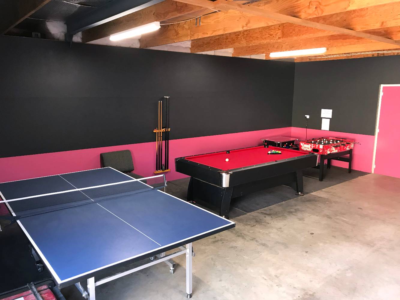Games room, sit down arcade, pool, table tennis, darts, soccer table.