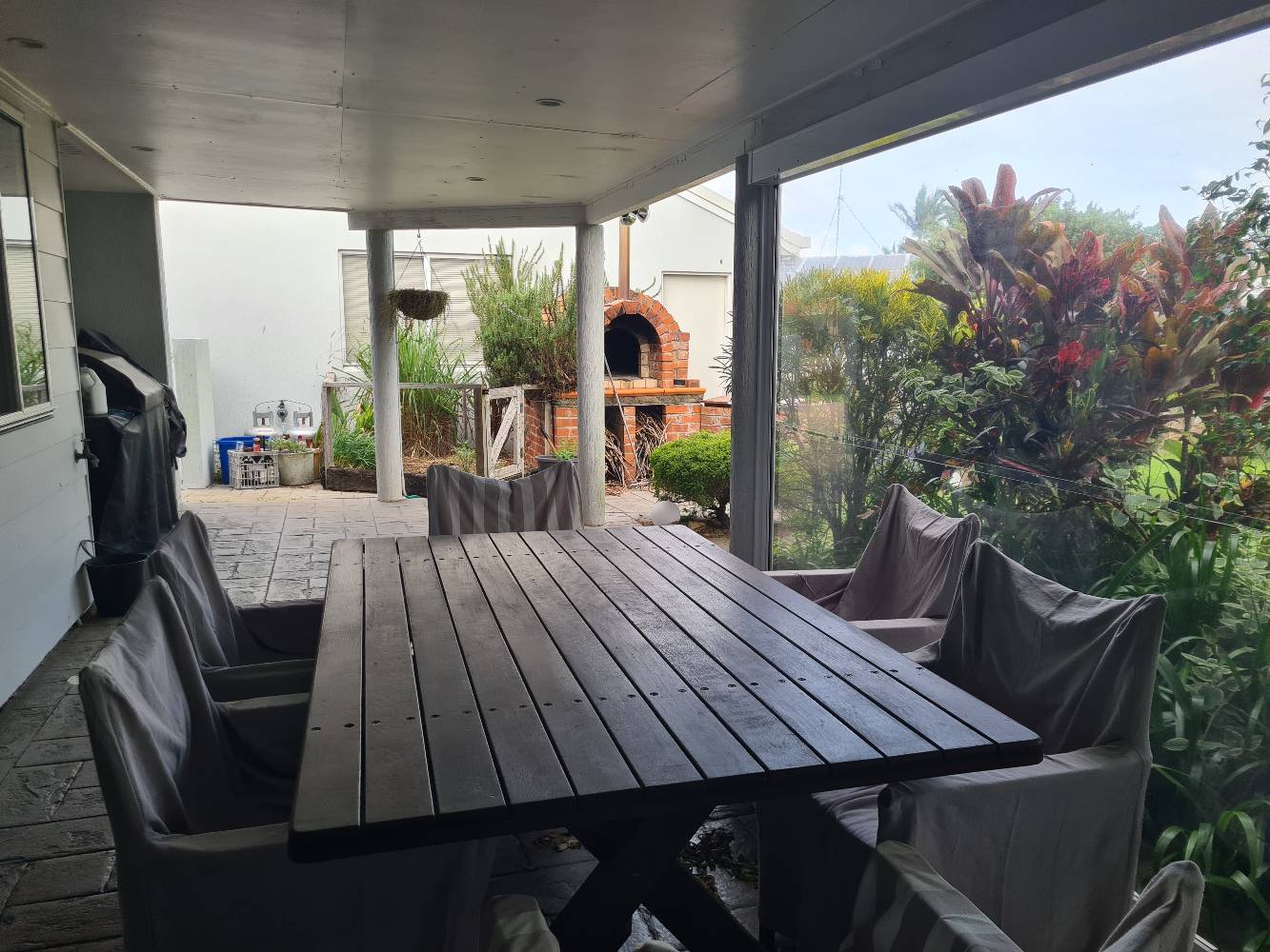 outdoor area and pizza oven