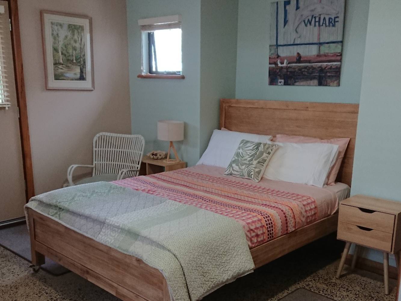 Studio bedroom has a queen bed